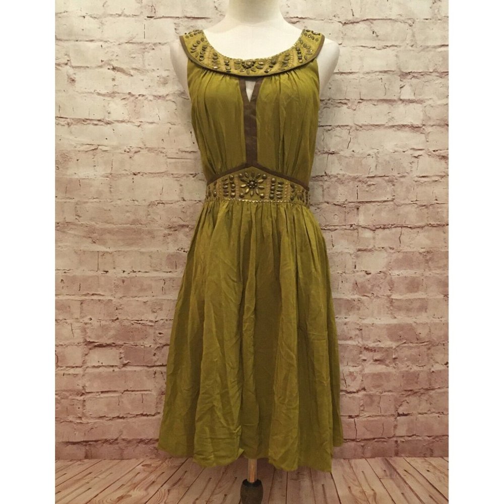 BODEN Womens Chartreuse Yellow Green Beaded Embellished Fit & Flare Dress US 10R